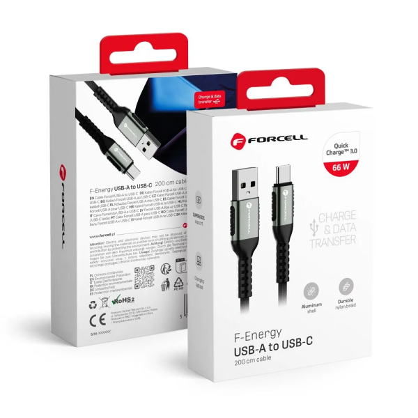 FORCELL F-ENERGY Câble nylon tressé USB-A vers USB-C 3A 66W 3m