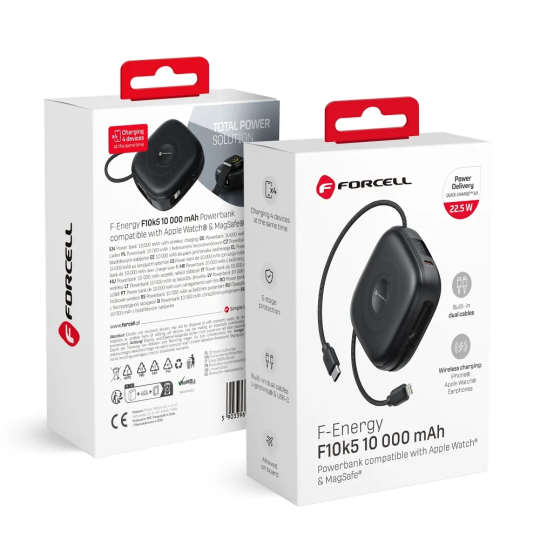 FORCELL F-ENERGY Batterie externe USB-C Lightning noire compatible MagSafe 3A 22,5W 10000 mAh