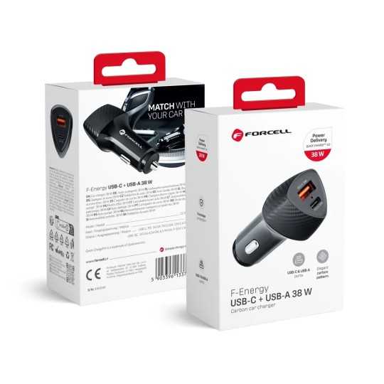FORCELL F-ENERGY Chargeur adaptateur rapide carbone pour voiture USB-C20W + USB-A 18W 5A