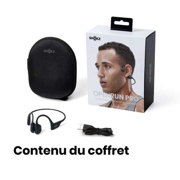Contenu du coffret SHOKZ OpenRun Pro Noir - Ecouteurs bluetooth TWS à conduction osseuse