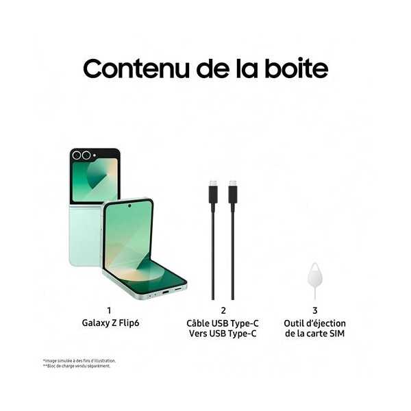Contenu de la boîte du SAMSUNG Galaxy Z Flip 6 Vert d'eau - Neuf