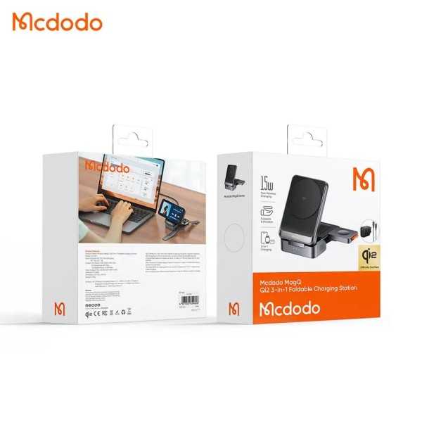 MCDODO Station de Charge sans Fil Qi2 Pliable 3 en 1 Noir