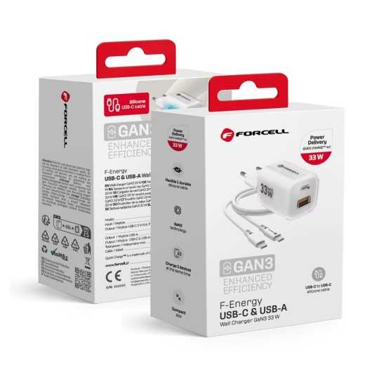 FORCELL F-ENERGY CRYSTAL Chargeur USB-C USB-A GaN3 33W Blanc avec câble USB-C vers USB-C