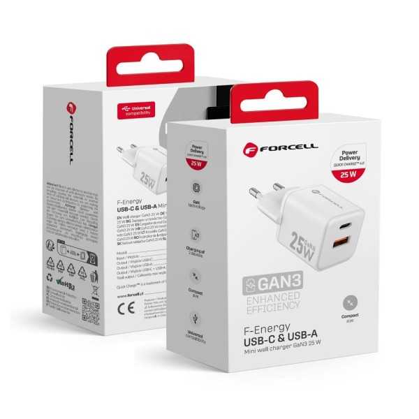 FORCELL F-ENERGY Mini chargeur blanc compacte GaN3 25W USB-C USB-A