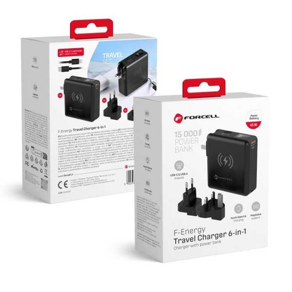 FORCELL F-ENERGY Chargeur multifonction 6-en-1 USB-A + USB-C 45W + Batterie externe 15 000mAh + MagSafe & Apple Watch