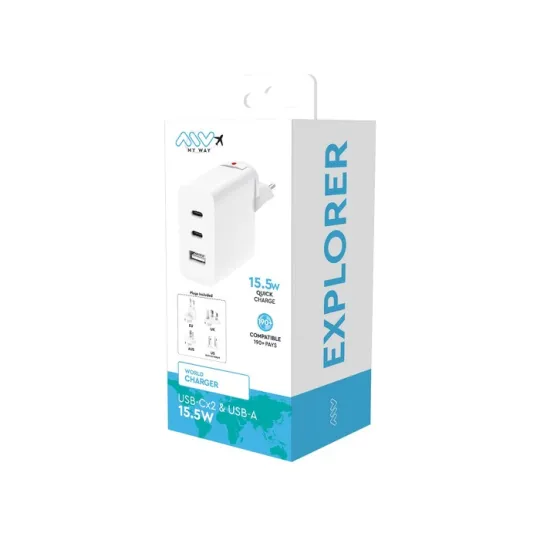 Emballage MYWAY CHARGEUR SECTEUR MONDE EU/US/UK/AUS 15W 2 USB-C USB-A