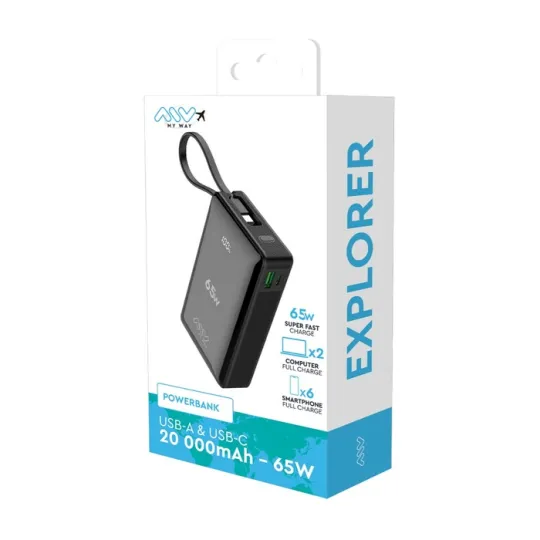 Emballage MYWAY Batterie externe PC 20.000mAh 65W USB-C + USB-A