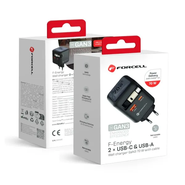 Emballage FORCELL F-Energy Chargeur mural 70W USB-C + USB-A avec câble USB-C intégré
