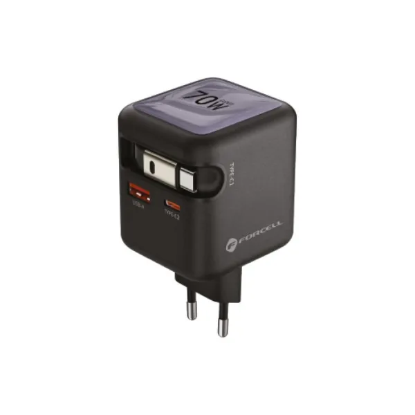 FORCELL F-Energy Chargeur mural 70W USB-C + USB-A avec câble USB-C intégré