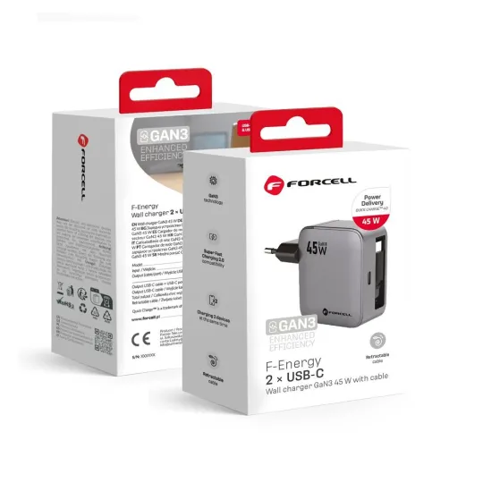 Emballage FORCELL F-Energy Chargeur mural 45W USB-C + câble USB-C intégré