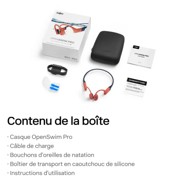 SHOKZ OpenSwim Pro - Ecouteurs bluetooth TWS à conduction osseuse corail - contenu de la boîte