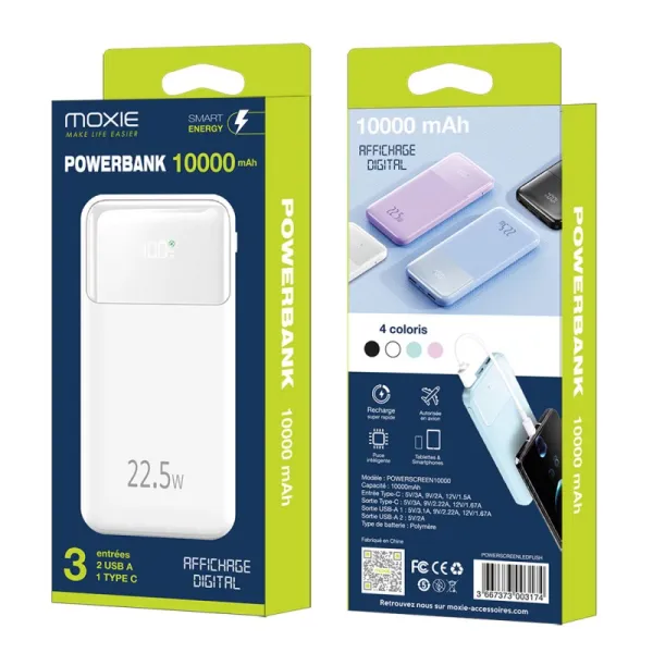 MOXIE Batterie de secours avec affichage digital capacité 10000 mAh blanc