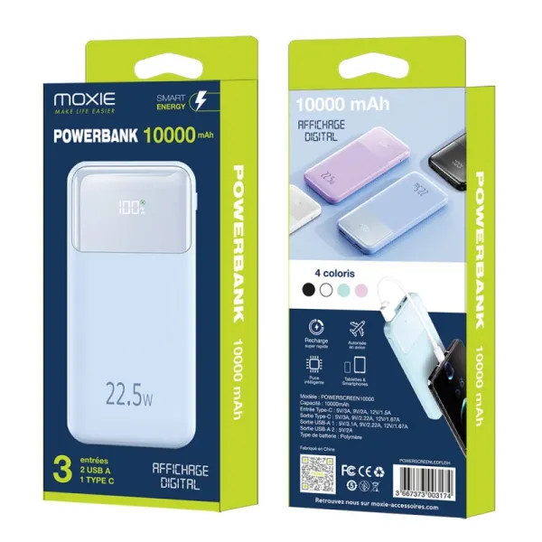 MOXIE Batterie de secours avec affichage digital capacité 10000 mAh bleu clair