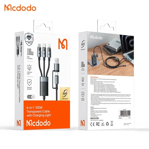 MCDODO Câble de Charge USB-C + USB vers Lightning + USB-C + Micro USB 100W 1.2m