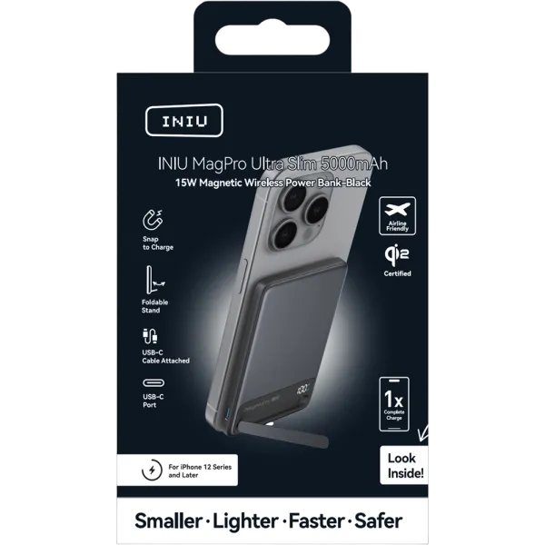INIU MagPro Slim Powerbank sans fil MagSafe/Qi 5000mAh 15W Noir