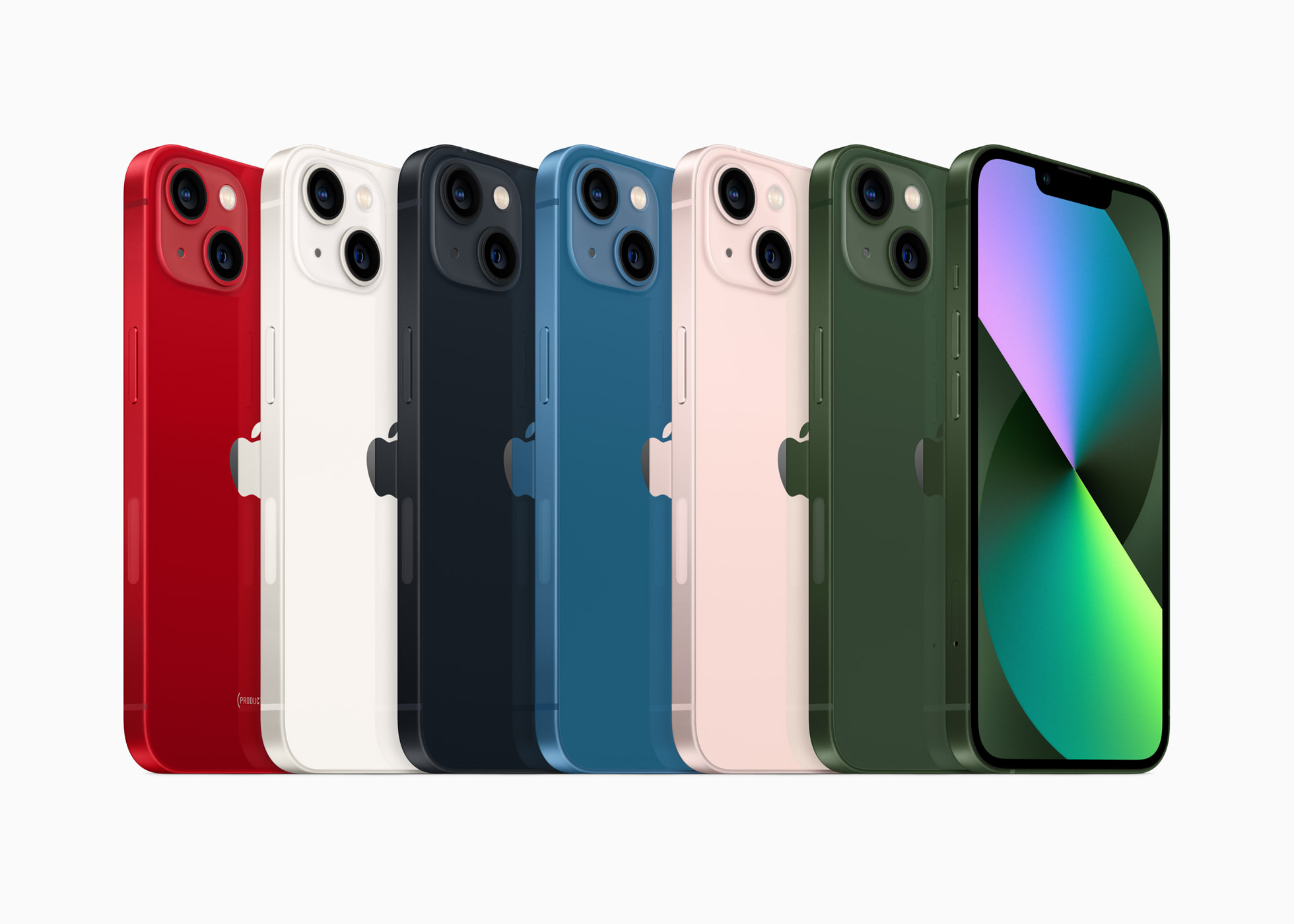 Couleurs iPhone 13 Pro 6 iPhone 13 de couleurs différentes se tenant debout inclinés de dos vers nous